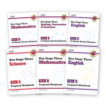 Load image into Gallery viewer, Year 8 Maths, English &amp; Science, 6 Workbook Bundle for ages 12-13 KS3