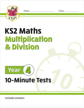 Load image into Gallery viewer, Book cover of KS2 Maths Multiplication &amp; Division 10-Minute Tests for Year 4 with CGP logo.