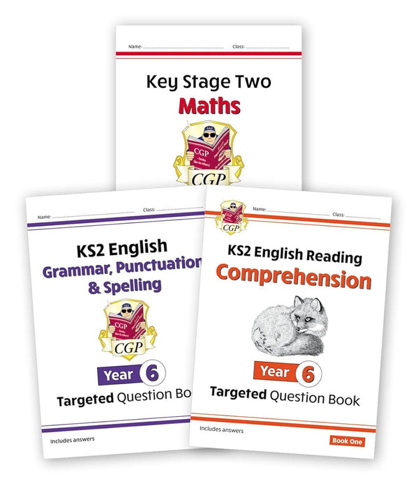 Three educational workbooks for Key Stage Two (KS2) English and Maths on a white background
