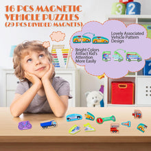 Load image into Gallery viewer, Child playing with colorful magnetic vehicle puzzles on a table, with text highlighting product features.