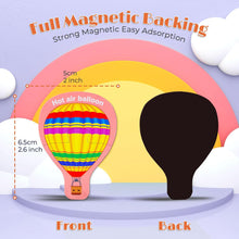 Load image into Gallery viewer, Hot air balloon design with measurements and text about full magnetic backing on a colorful background.