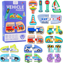 Load image into Gallery viewer, Set of vehicle-themed puzzles with packaging on the left