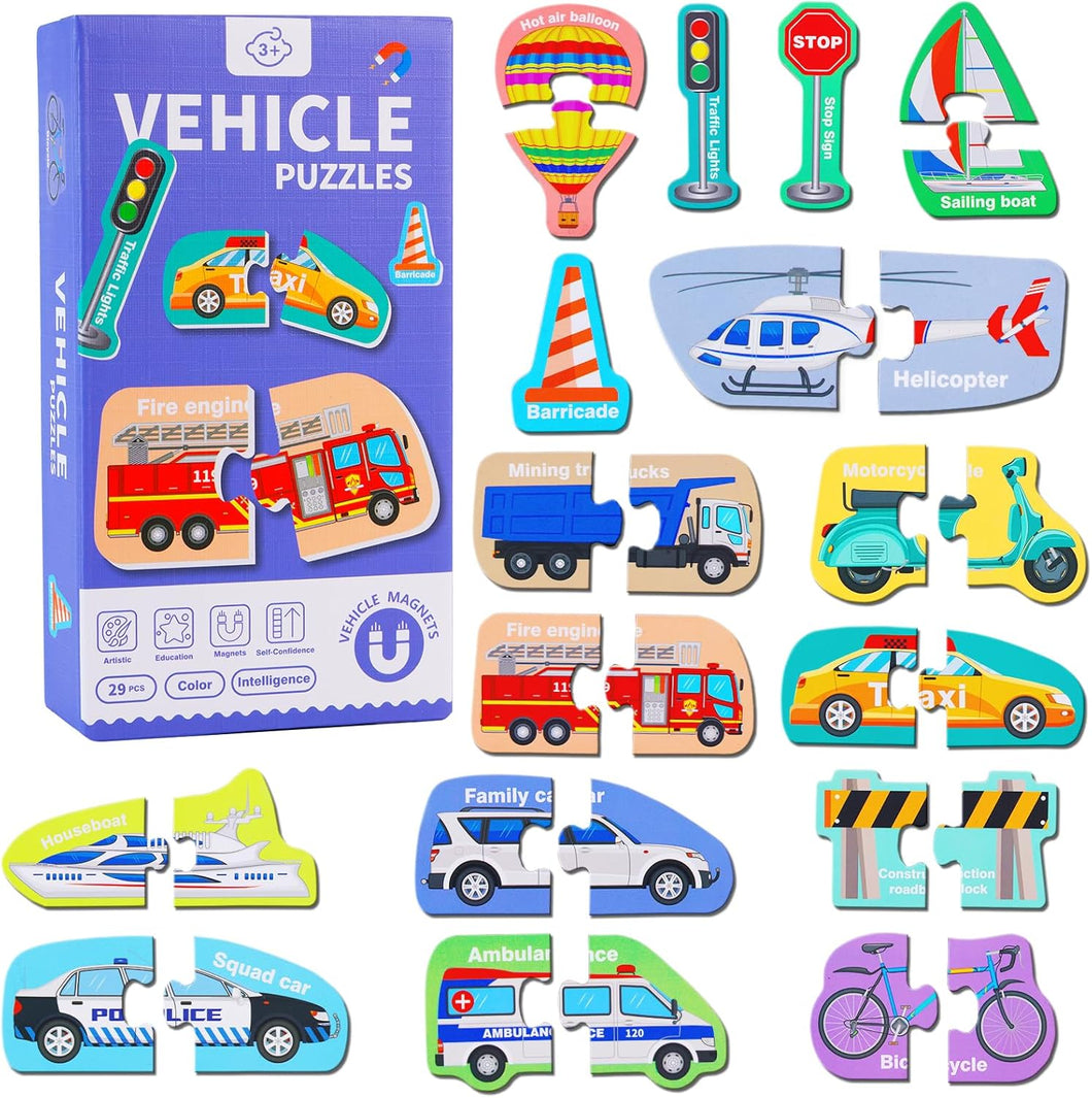 Set of vehicle-themed puzzles with packaging on the left