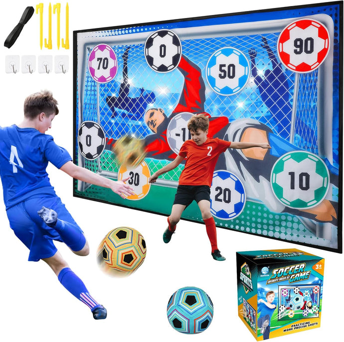 Children playing with a soccer game set in front of a screen displaying a soccer game.