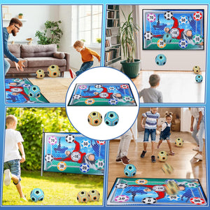 Children playing with a soccer-themed game set in various settings.