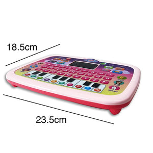 Children's toy keyboard with dimensions labeled on a white background