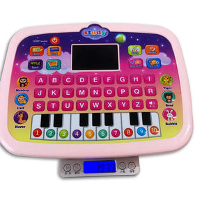 Children's toy keyboard with colorful keys and a screen on a white background