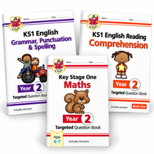 Load image into Gallery viewer, CGP Year 2 Maths English Grammar and Reading three-book workbook bundle on white background
