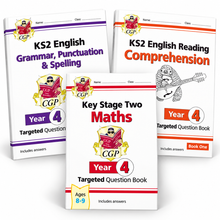 Load image into Gallery viewer, CGP Year 4 KS2 three-book bundle with Maths, English Grammar Punctuation and Spelling, and Reading Comprehension books