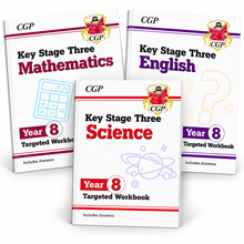 Load image into Gallery viewer, CGP Year 8 Maths English and Science Targeted Workbooks three book bundle on white background