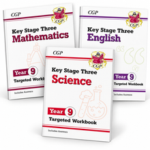 Load image into Gallery viewer, CGP Year 9 Maths English and Science Targeted Workbooks 3 book bundle