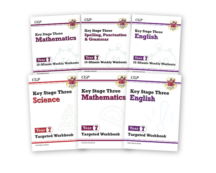 Year 7  Maths, English & Science, 6 Workbook Bundle for ages 11-12 KS3